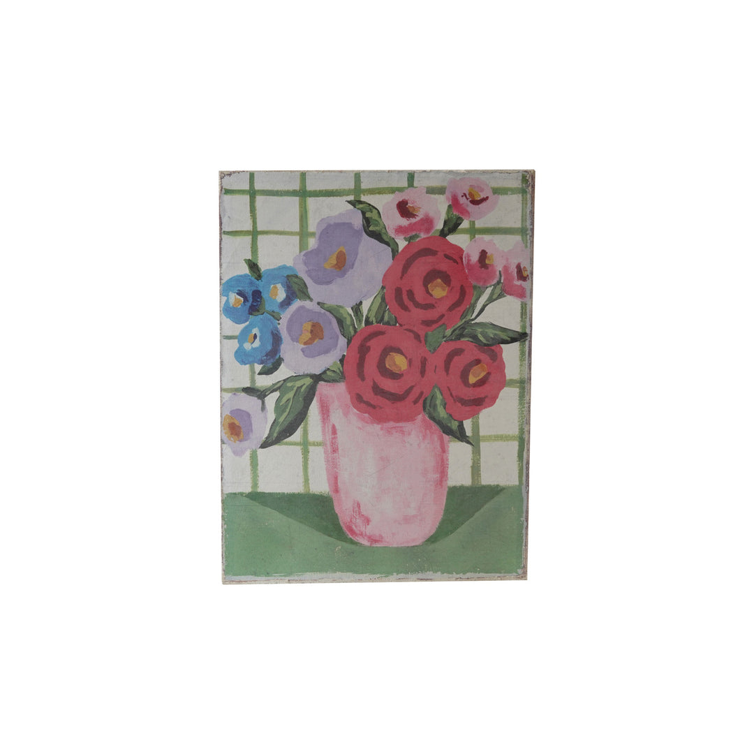 Canvas Wall Décor w/ Flowers in Vase & Grid Background, Distressed Finish ©