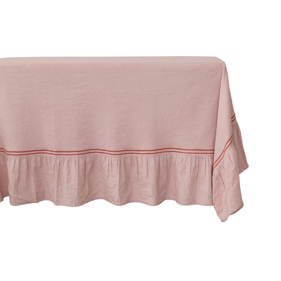 Cotton & Linen Tablecloth w/ Embroidered Trim & Ruffled Edge, Pink & Coral Color