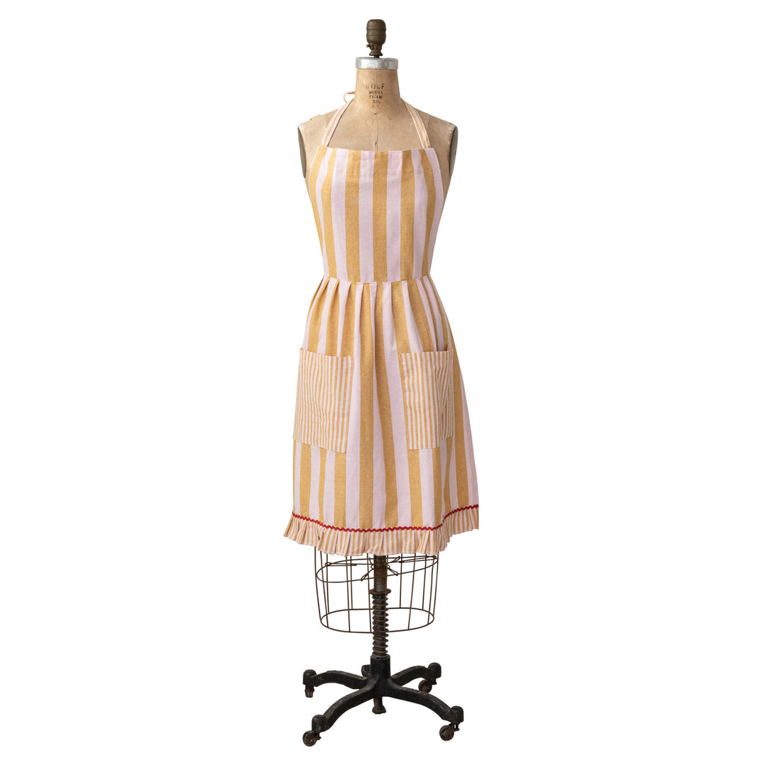Woven Cotton Striped Apron w/ Ruffle, Pockets & Ric Rac Trim