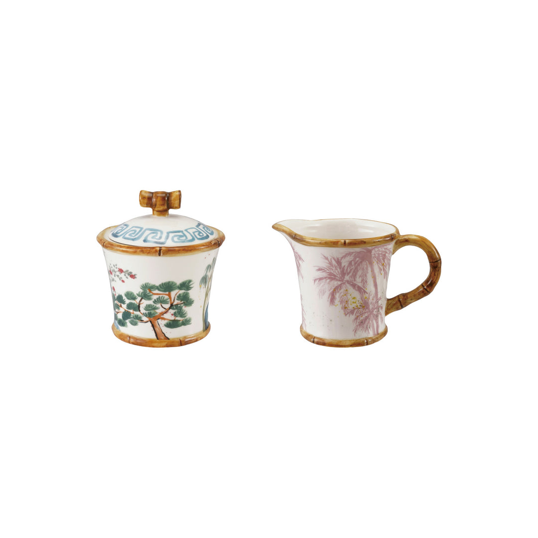 Hand-Painted Stoneware Sugar Pot with Lid & 8 oz. Creamer with Bamboo Style Edges, Set of 2