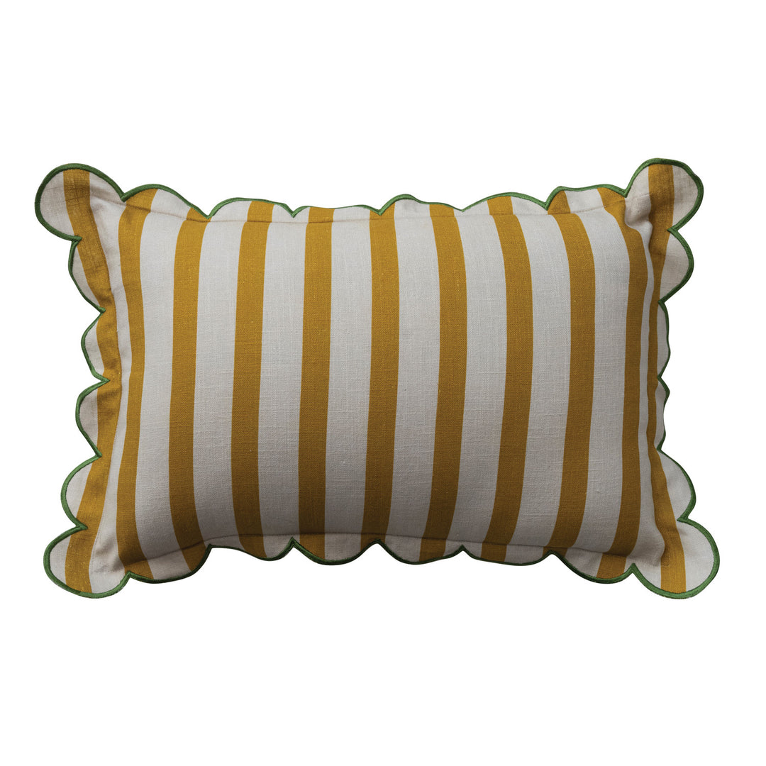Cotton Striped Lumbar Pillow with Scalloped Flange &amp; Contrasting Stitched Edge &amp; Green