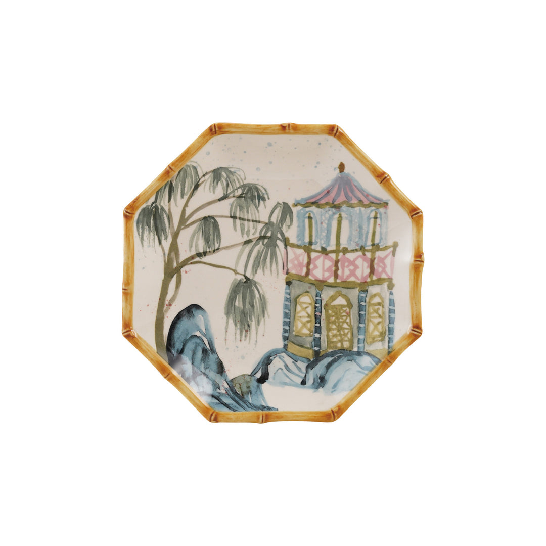 Hand-Painted Stoneware Octagon Shaped Plate with House, Palm Tree & Bamboo Style Edge