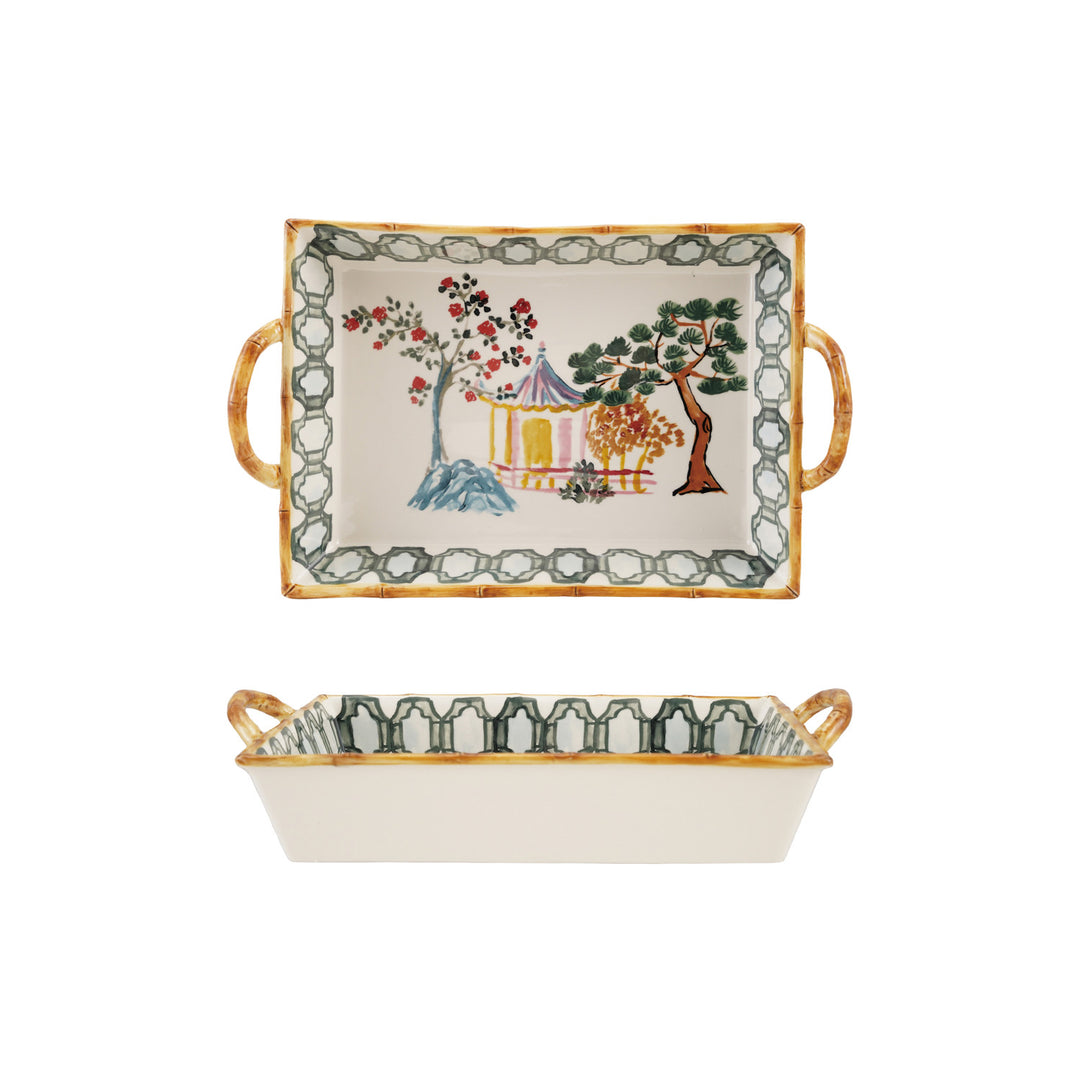 2 Quart Hand-Painted Stoneware Baker with House, Trees, Bamboo Style Edge & Handles
