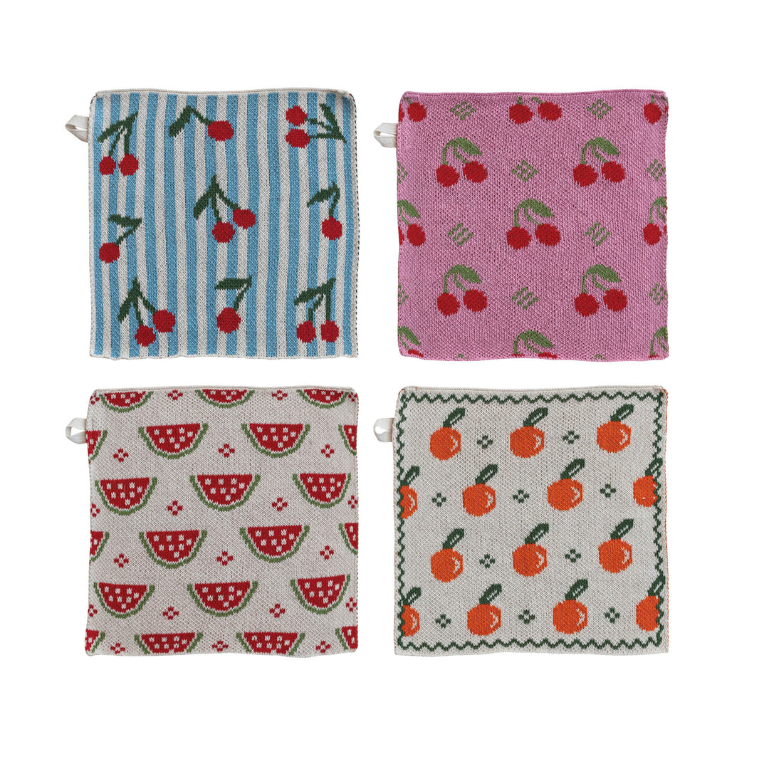 Cotton Knit Dish Cloth with Fruit Pattern, 4 Styles