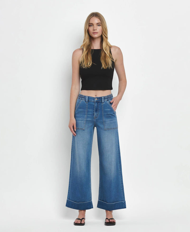 VERVET by FLYING MONKEY - HIGH RISE DOUBLE CUFFED BAGGY WIDE JEANS V3589