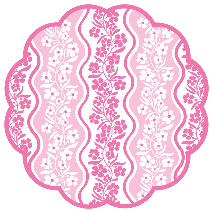 Pink Floral Scalloped Round Paper Placemats | Set of 24