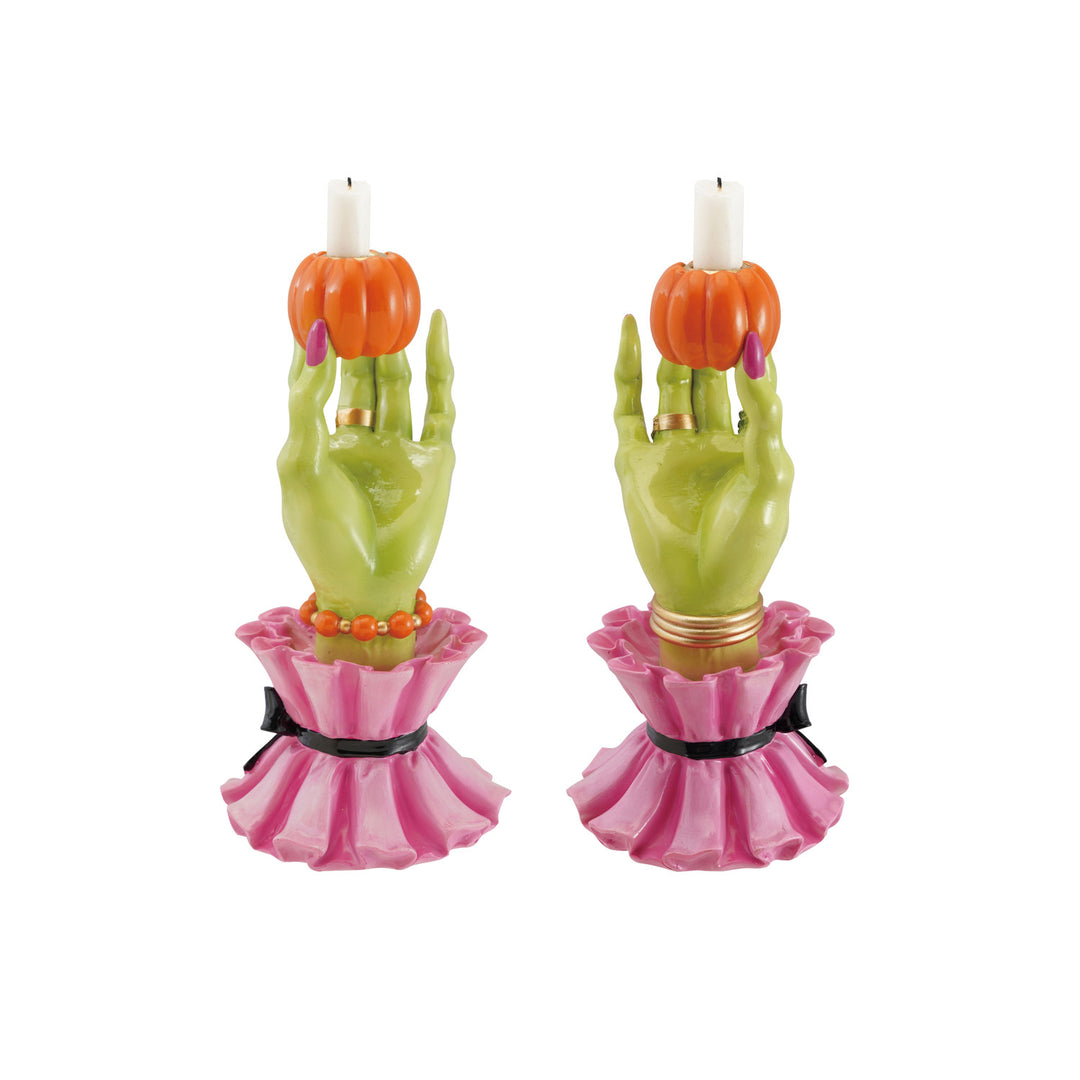 Resin Witch Hand Shaped Taper Holder with Rings &amp; Bracelets Holding Pumpkin, 2 Styles
