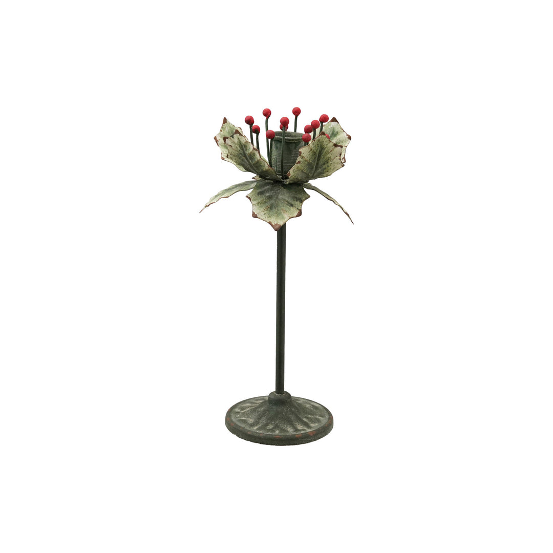Painted Metal Holly Leaf Shaped Taper Holder, Green &amp; Red