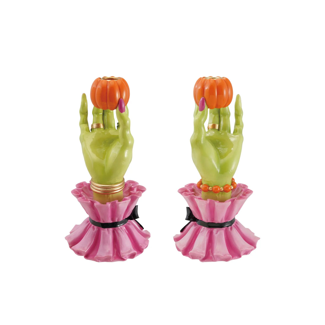 Resin Witch Hand Shaped Taper Holder with Rings &amp; Bracelets Holding Pumpkin, 2 Styles