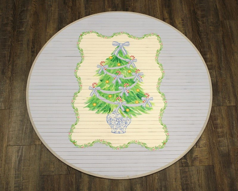 Round Bamboo Mat Tree with Blue Bows - Chinoiserie