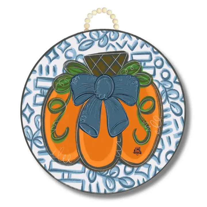 Blue Bow Pumpkin Door Hanger