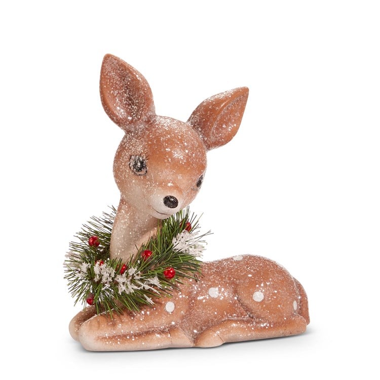 6.75 Retro Sitting Deer with Wreath