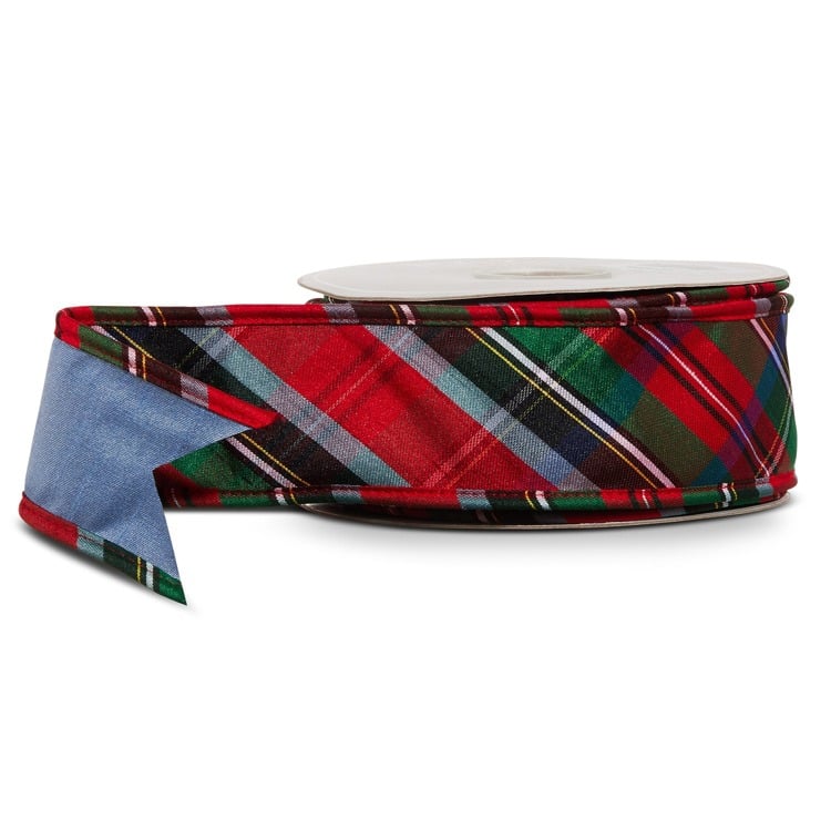 2.5 X 10 Yds Blue Tartan Plaid Edge Wired Ribbon