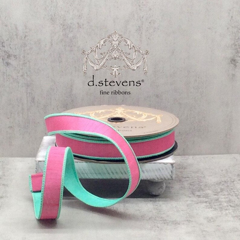 Double Sided Dupion, Petal Pink Aqua Fine Ribbon