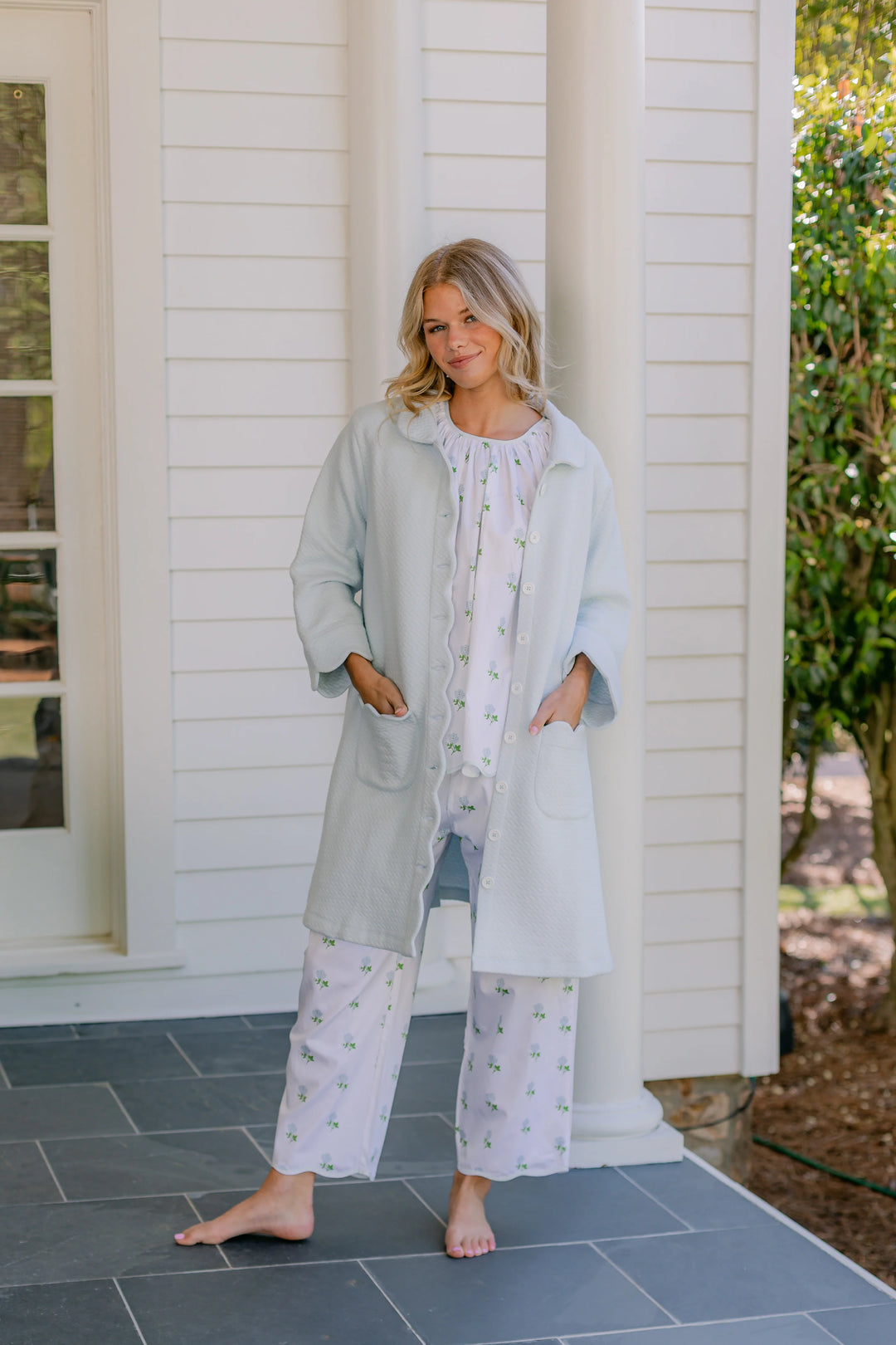 Quilted Button Front Robe - Blue