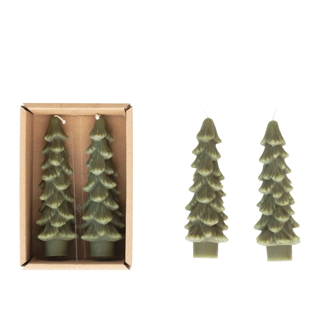 Unscented Tree Shaped Taper Candles in Box, Green Color, Set of 2