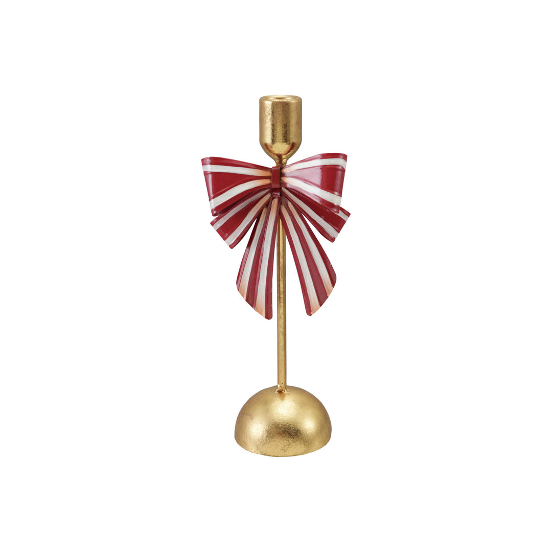 Short Metal Taper Holder with Striped Bow, Gold Finish, Red &amp; White