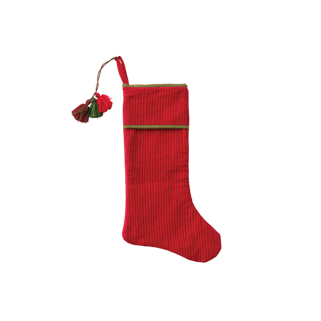 Cotton Velvet Quilted Stocking with Tassels, Red &amp; Green