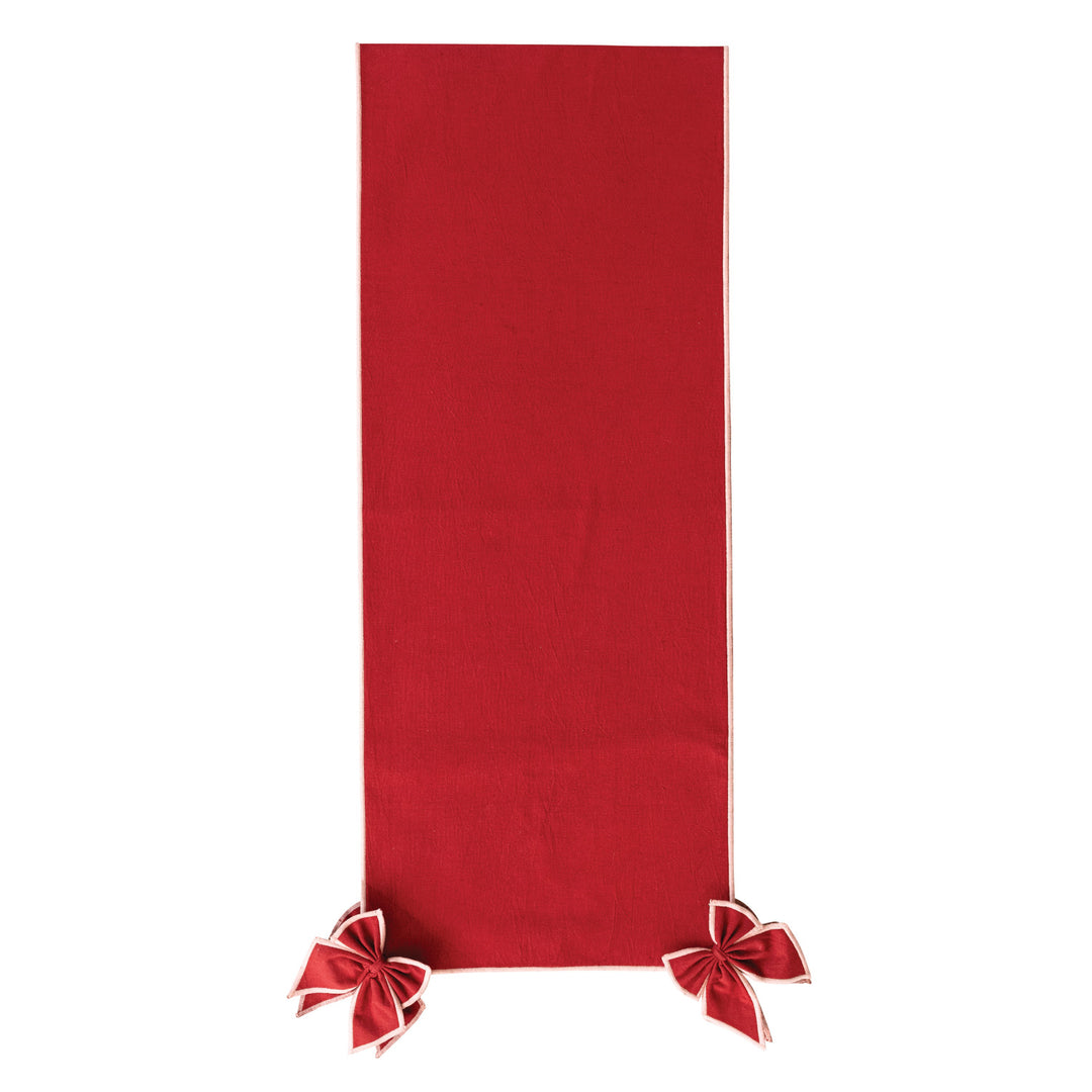 Cotton &amp; Linen Table Runner with Detachable Bows &amp; Pink Stitched Edge, Red