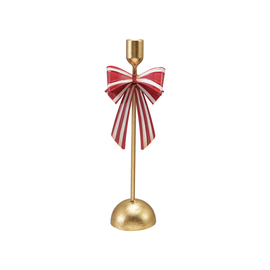 Tall Metal Taper Holder with Striped Bow, Gold Finish, Red &amp; White (Copy)