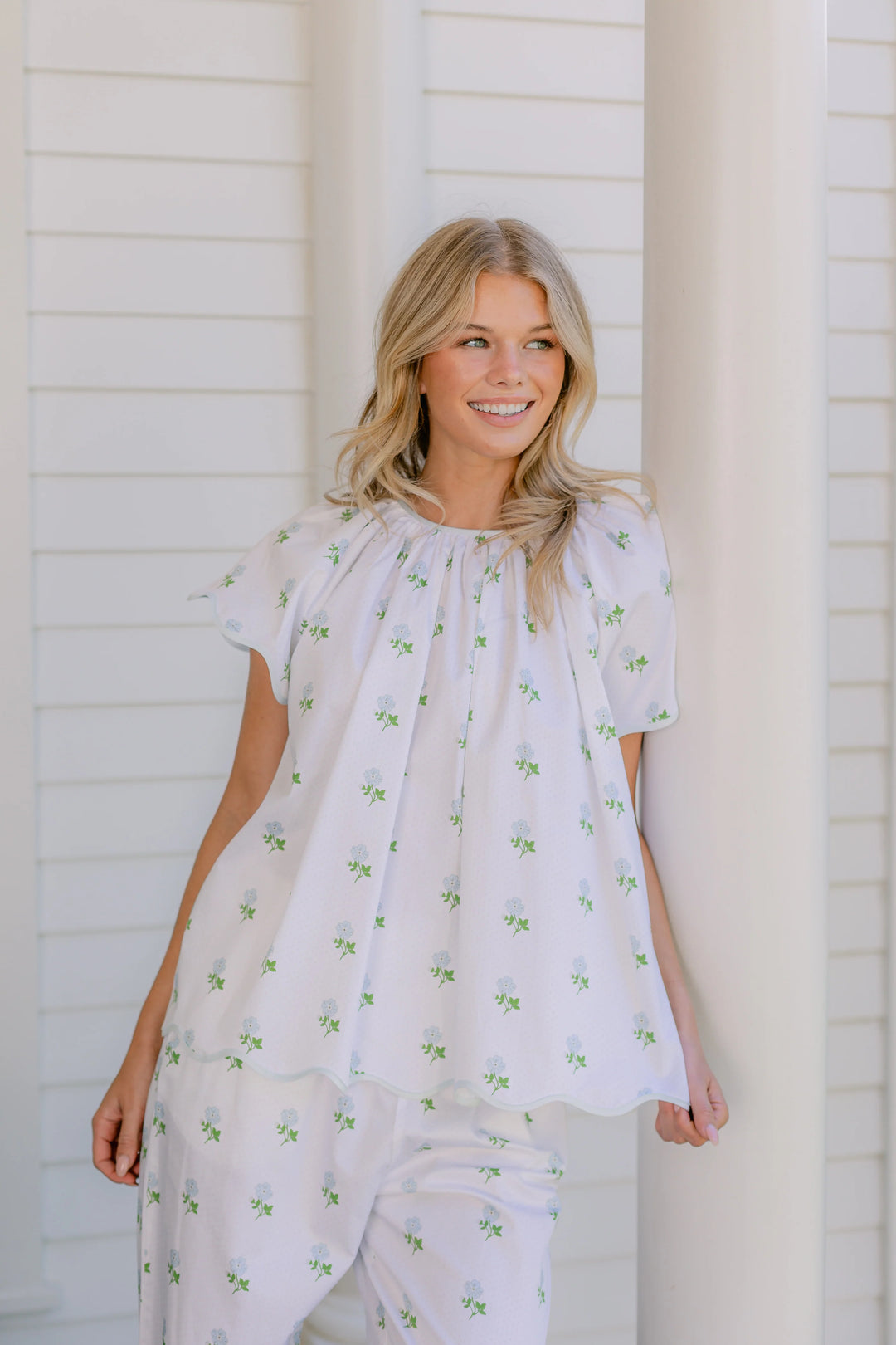 Vandy Scalloped Short Sleeve Pajama Set - Blue