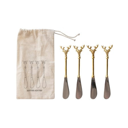 Stainless Steel and Brass Reindeer Canape Knives, Set of 4