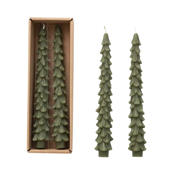 Unscented Tree Shaped Taper Candles in Box, Green Color, Set of 2