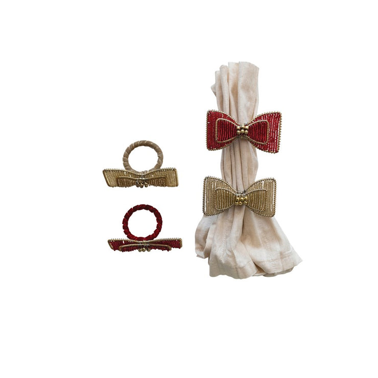 Glass Beaded Metal Bow Napkin Rings, Set of 4