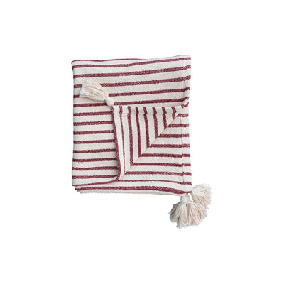 Red and Cream Striped Cotton Throw with Tassels