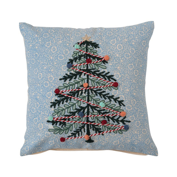 Christmas Tree Pillow with Embroidery & Pom Poms