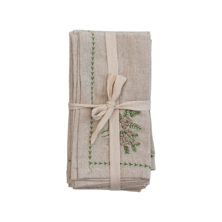 Square Cotton & Linen Napkins with Botanical Embroidery