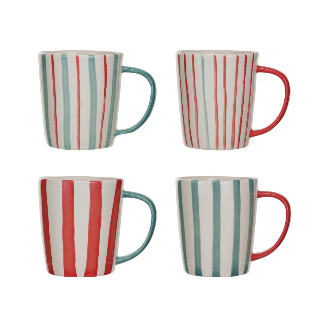 14 oz. Hand-Painted Stoneware Mug, Red, Aqua & Cream Color, 4 Styles