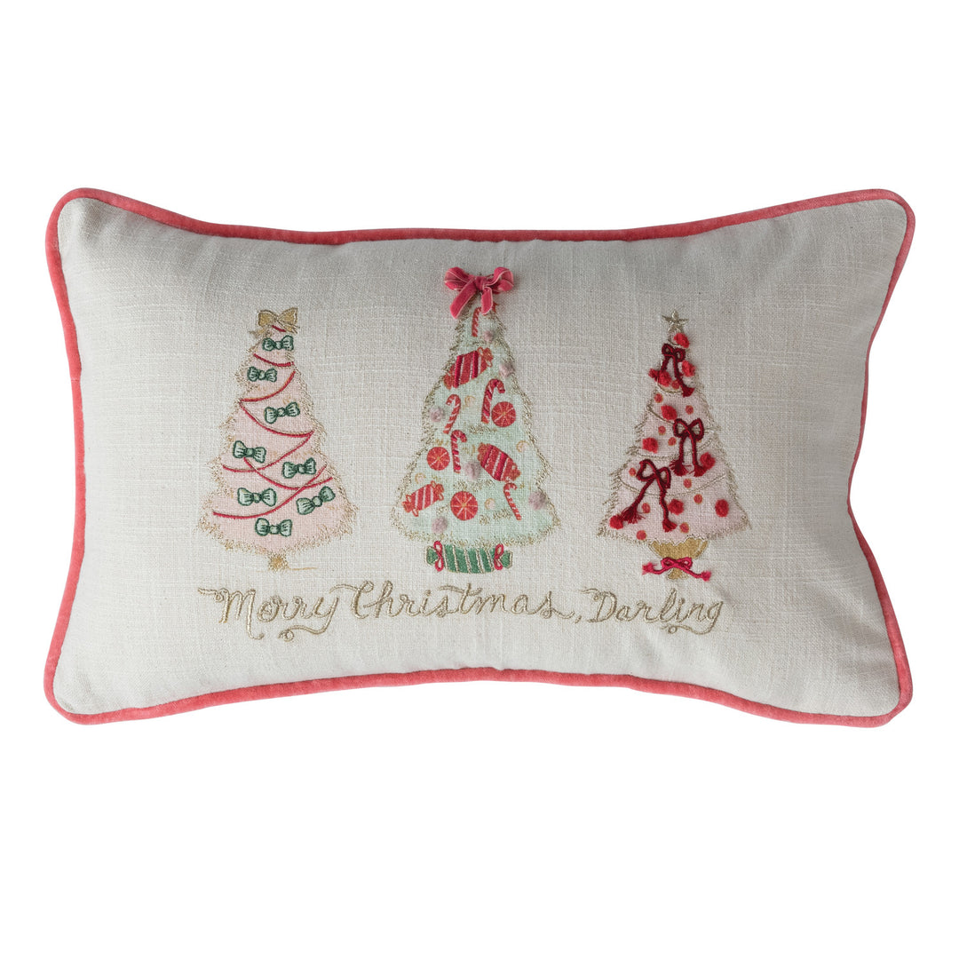 Lumbar Pillow with Christmas Trees, Embroidery, Piping &amp; Velvet Back ©