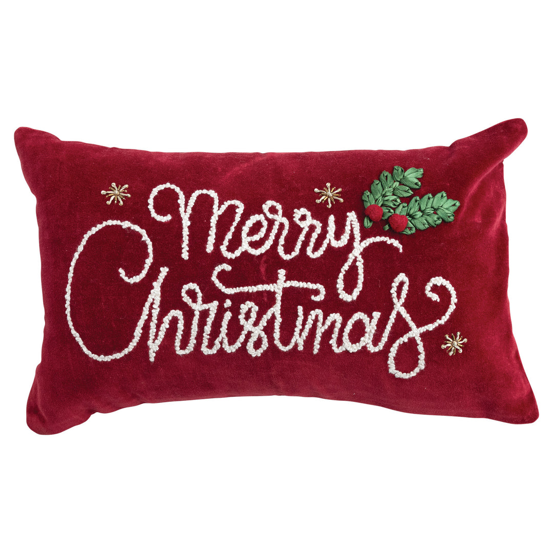 Cotton Velvet Lumbar Pillow with Embroidery & Applique "Merry Christmas"