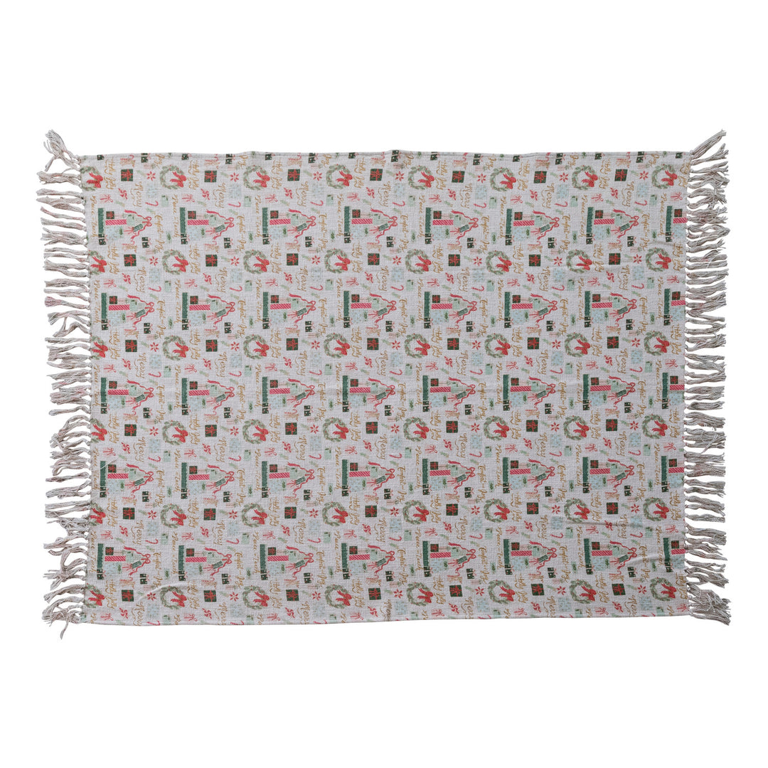 Cotton Slub Printed Throw with Holiday Pattern & Fringe ©