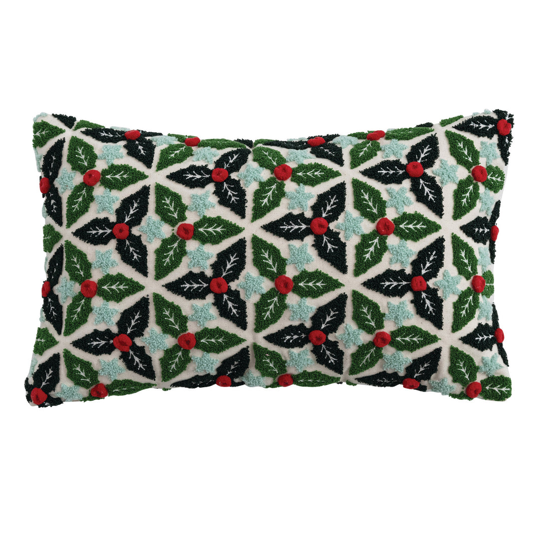 Embroidered Lumbar Pillow with Tufted Holly Leaves, Stars & Pom Poms