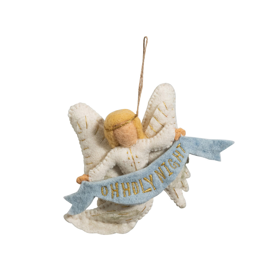 Handmade Wool Felt Angel Ornament with Embroidered Banner ©