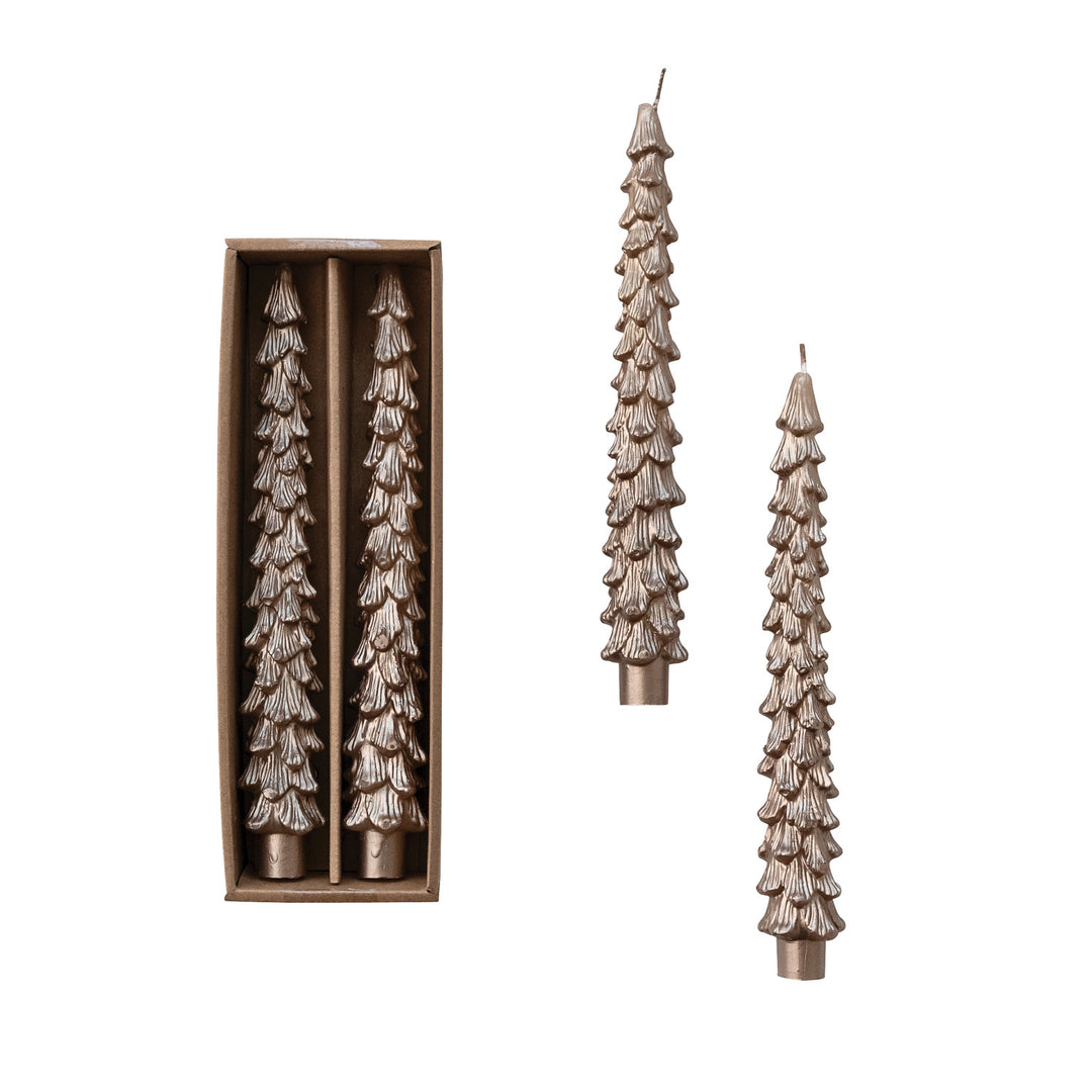 Unscented Tree Shaped Taper Candles in Box, Gold Color, Set of 2
