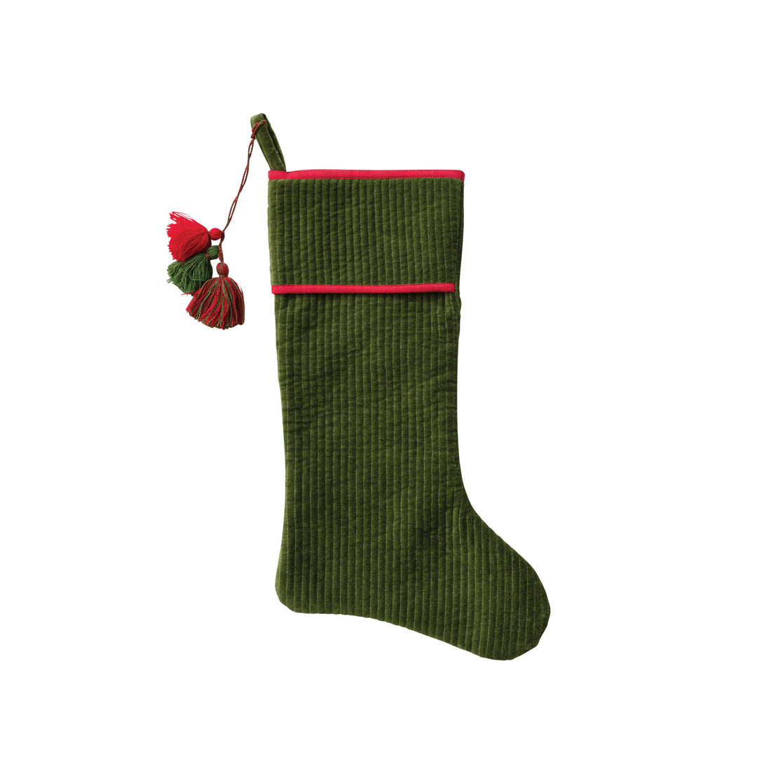 Cotton Velvet Quilted Stocking with Tassels, Green &amp; Red