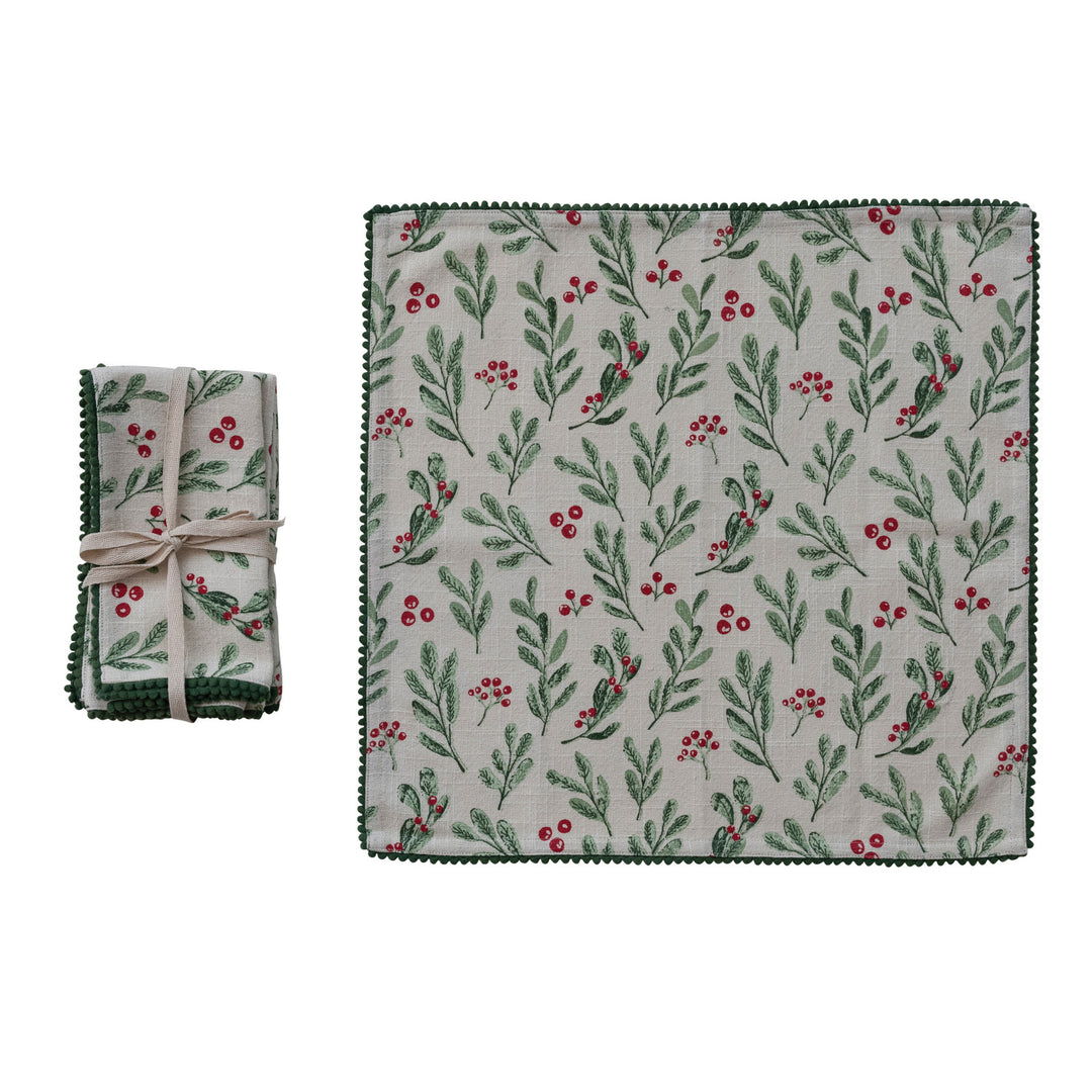 Cotton Slub Printed Napkins with Mini Pom Pom Trim, Set of 4 Tied with Cotton Tape