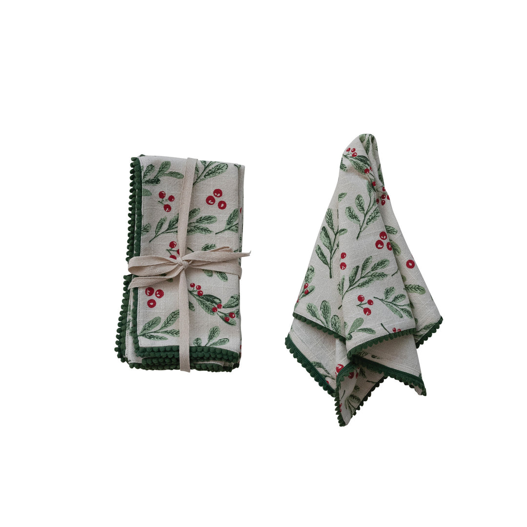 Cotton Slub Printed Napkins with Mini Pom Pom Trim, Set of 4 Tied with Cotton Tape