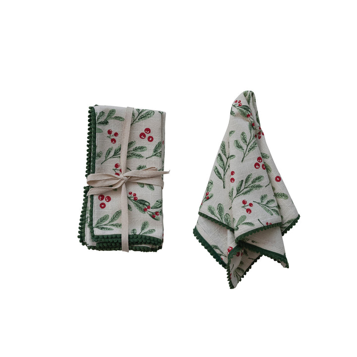 Cotton Slub Printed Napkins with Mini Pom Pom Trim, Set of 4 Tied with Cotton Tape