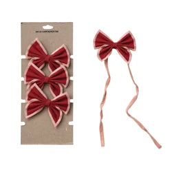 Cotton &amp; Linen Bow Napkin Ties with Pink Stitched Edges, Red, Set of 4 on Card