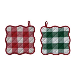 Two-Sided Cotton Scalloped Pot Holder with Buffalo Check Pattern &amp; Piping