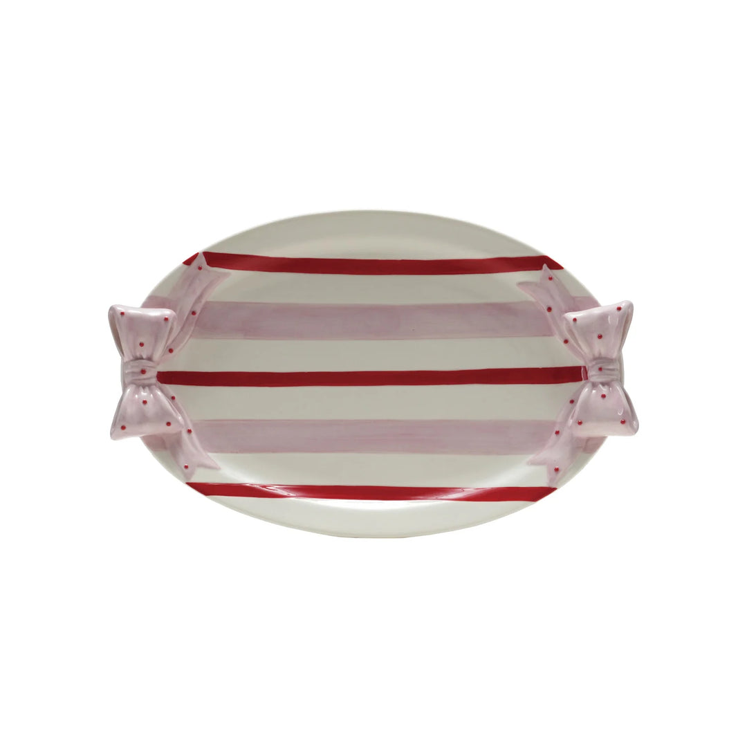 Hand-Painted Stoneware Striped Platter with Polka Dot Bow Shaped Handles, White