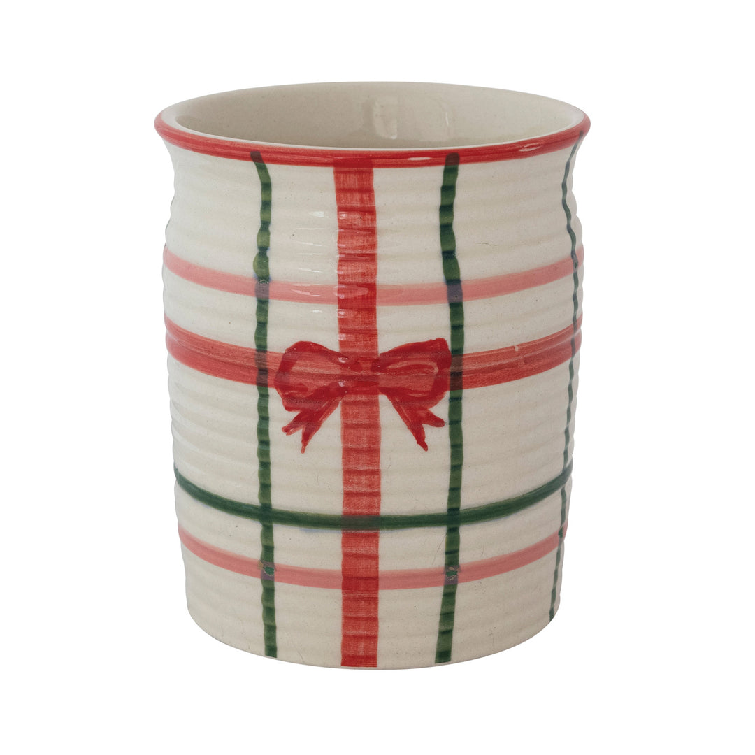 Hand-Painted Ribbed Crock with Plaid Pattern &amp; Bow (Each One Will Vary)