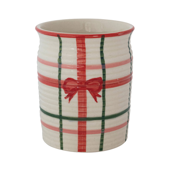 Hand-Painted Ribbed Crock with Plaid Pattern &amp; Bow (Each One Will Vary)