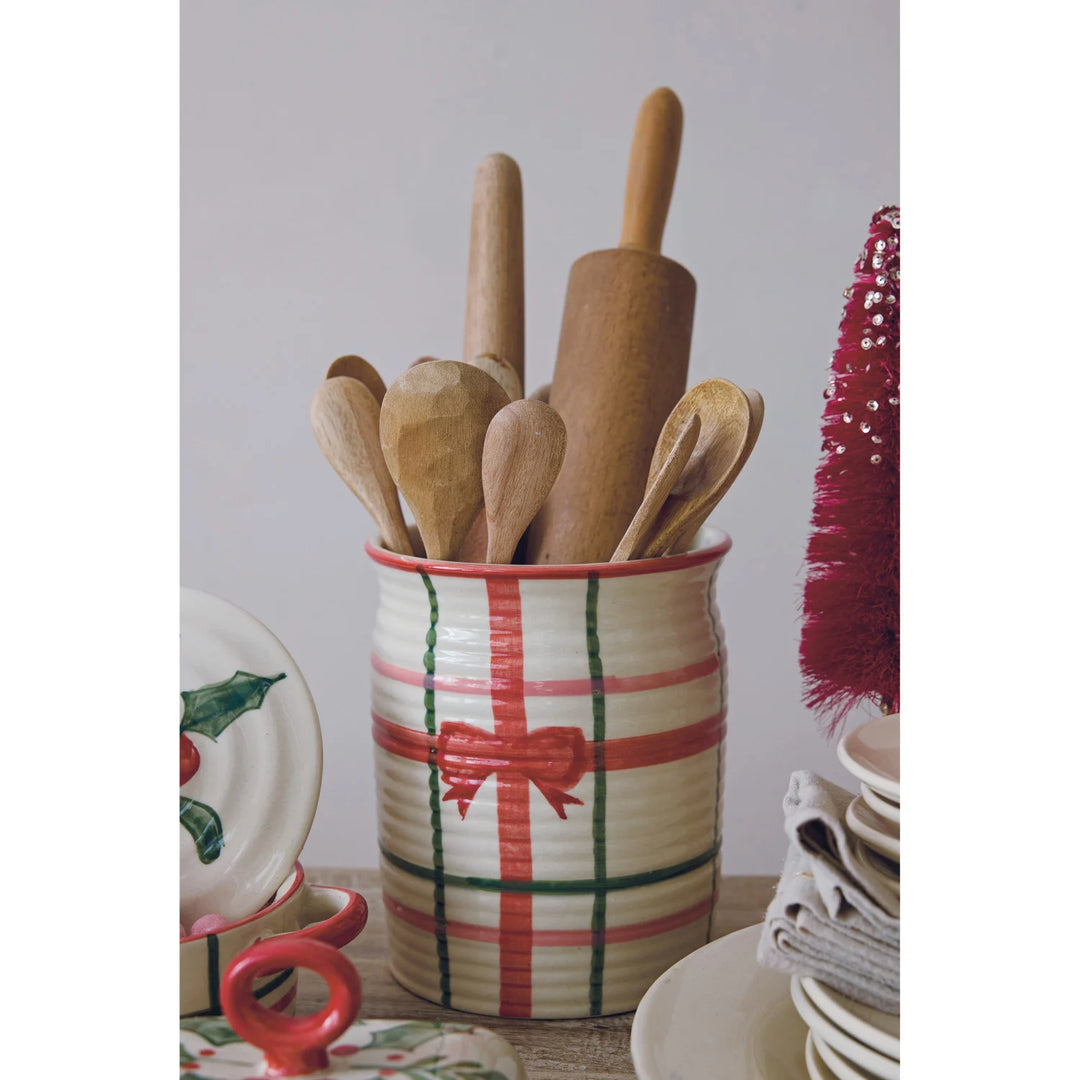 Hand-Painted Ribbed Crock with Plaid Pattern &amp; Bow (Each One Will Vary)