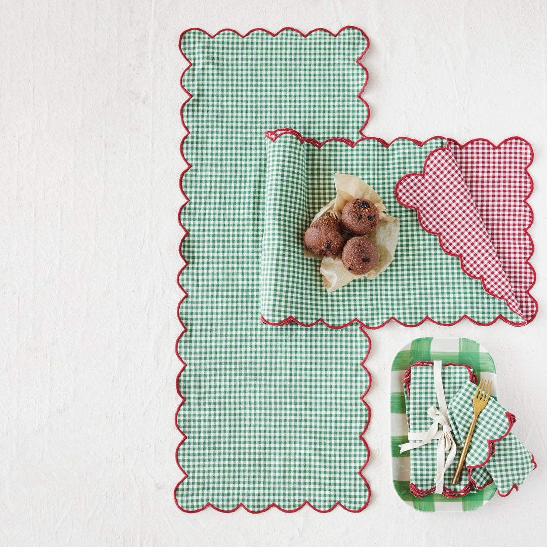 Woven Cotton Scalloped Two-Sided Table Runner &amp; Stitched Edge, Roll Tied with Cotton Tape