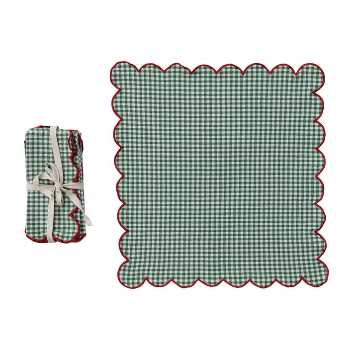 Cotton Scalloped Napkins &amp; Contrasting Stitched Edge, Set of 4 Tied with Cotton Tape